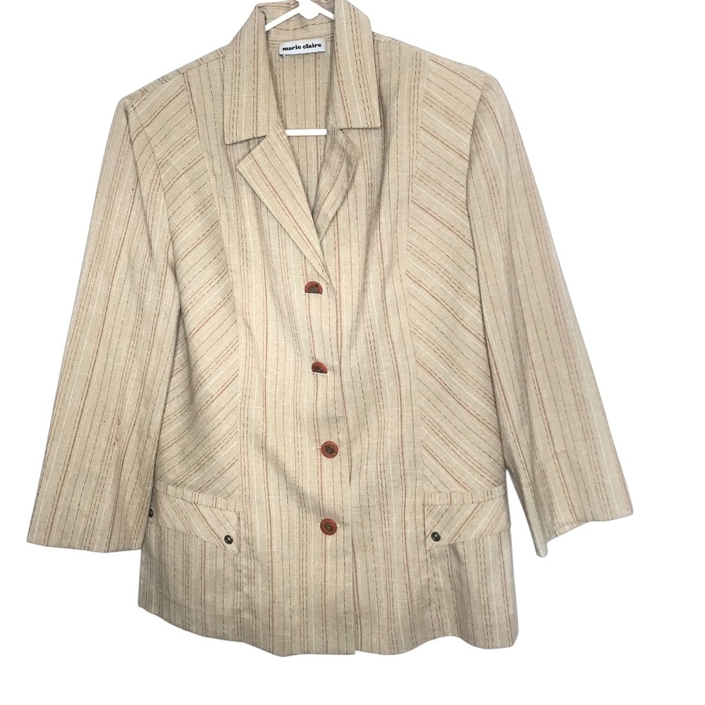 Marie Claire Beige Striped Blazer | Vintage Linen Look Office Jacket